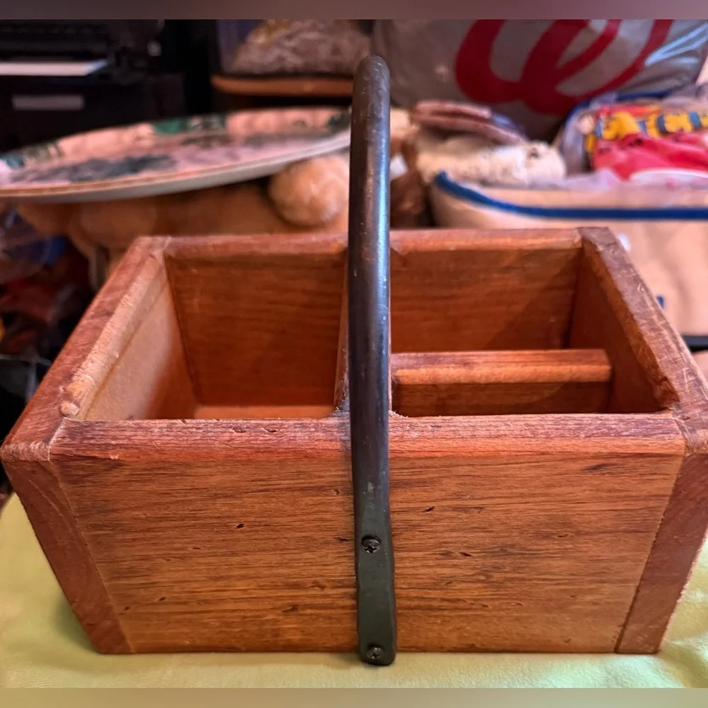 Handcrafted wooden caddy with four compartments and a wrought iron steel handle